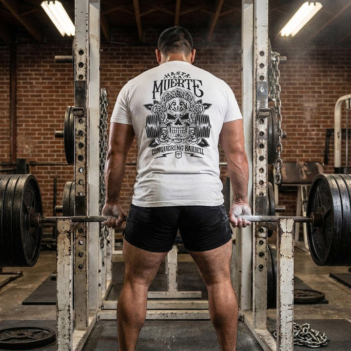 Hasta La Muerte (Until Death) Original Version tee: a sugar skull crowned with roses over a loaded barbell