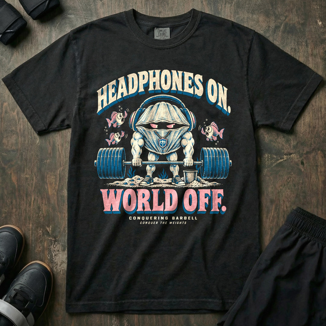 Headphones On World Off - Relaxed Fit Tee front graphic in Black with a clam wearing headphones deadlifting a loaded barbell underwater - Conquering Barbell