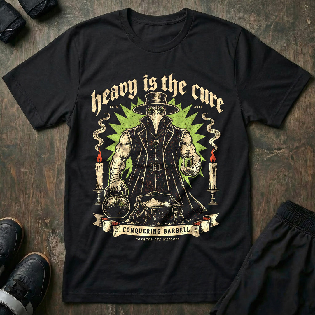 Heavy Is the Cure - Tee front graphic in Black with a muscular plague doctor holding a kettlebell and a vial - Conquering Barbell
