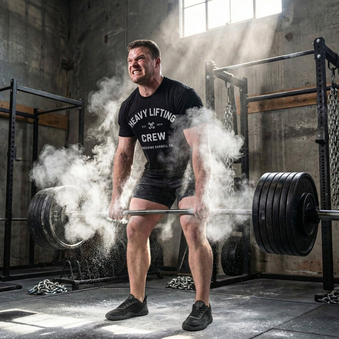 Heavy Lifting Crew tee in Black: HEAVY LIFTING arched over a skull and crossbones with EST 2014