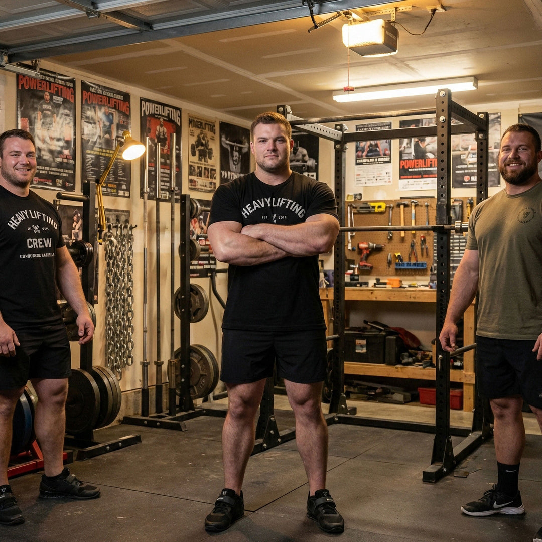 Heavy Lifting Crew tee in Black: HEAVY LIFTING arched over a skull and crossbones with EST 2014