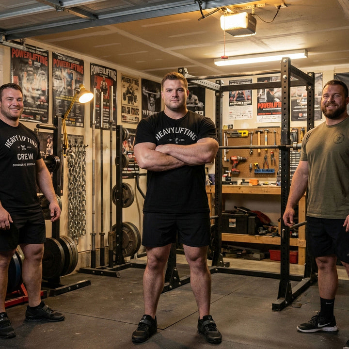 Heavy Lifting Crew tee in Black: HEAVY LIFTING arched over a skull and crossbones with EST 2014