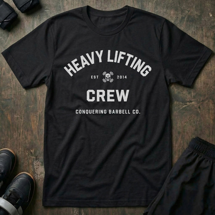Heavy Lifting Crew tee in Black: HEAVY LIFTING arched over a skull and crossbones with EST 2014