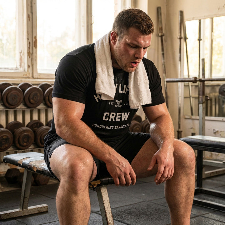 Heavy Lifting Crew tee in Black: HEAVY LIFTING arched over a skull and crossbones with EST 2014