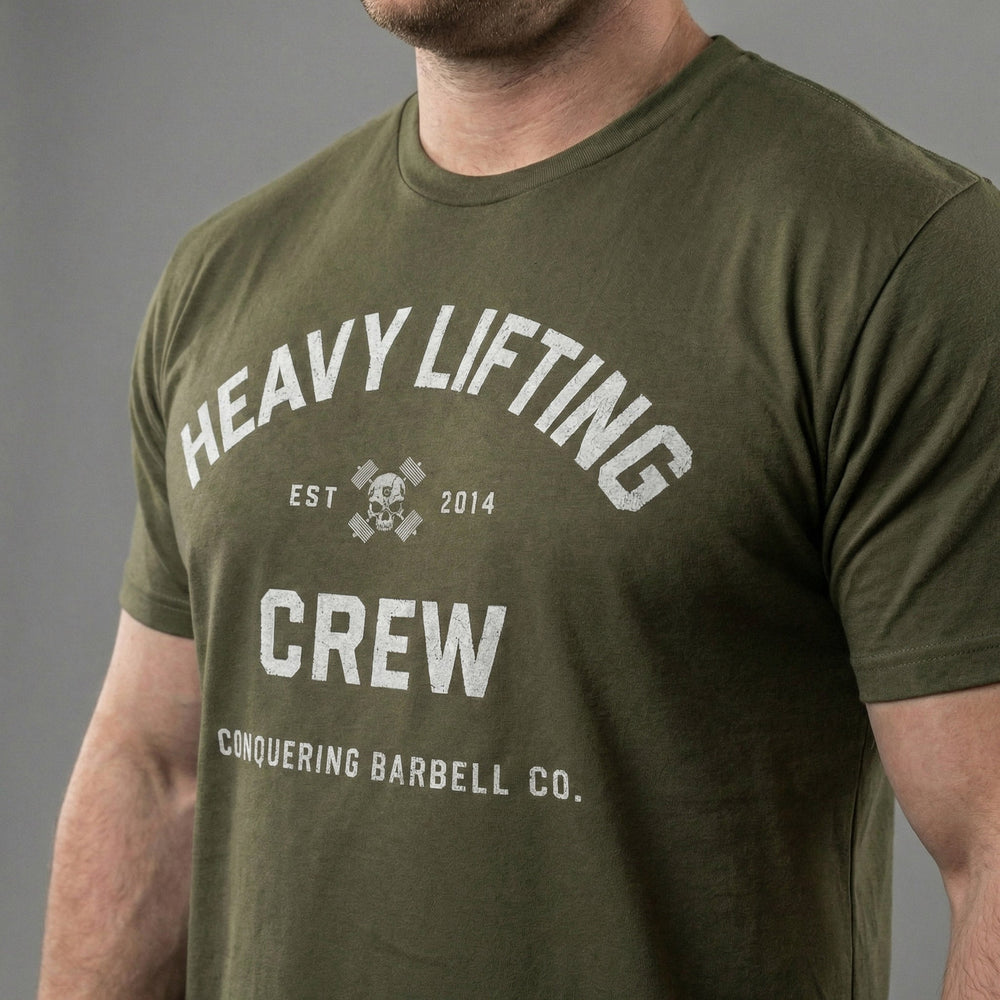 Heavy Lifting Crew tee in Military Green: HEAVY LIFTING arched over a skull and crossbones with EST 2014