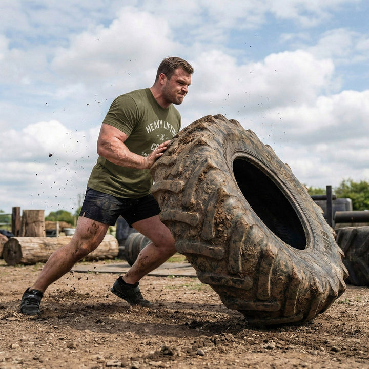 Heavy Lifting Crew tee in Military Green: HEAVY LIFTING arched over a skull and crossbones with EST 2014