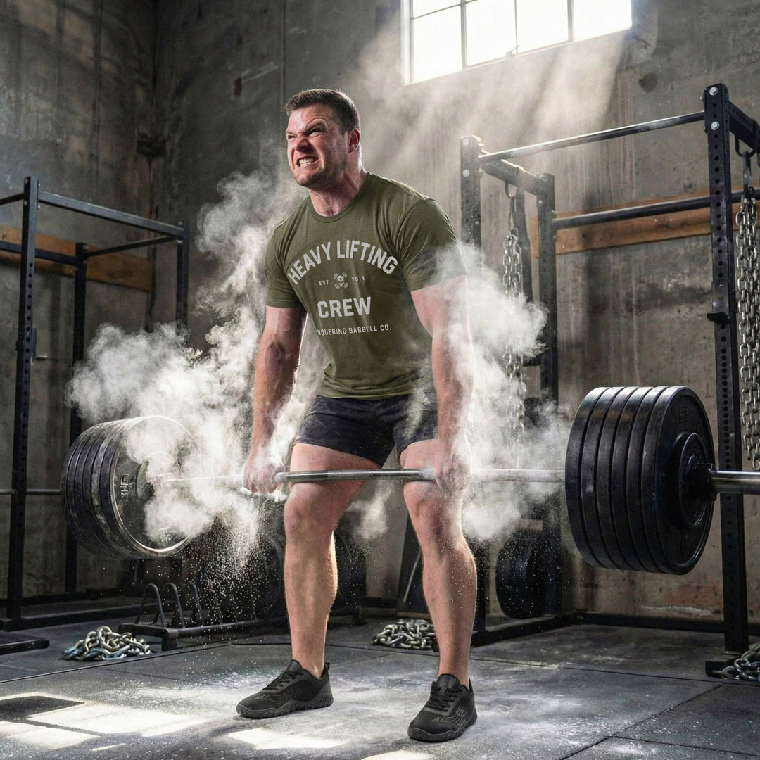 Heavy Lifting Crew tee in Military Green: HEAVY LIFTING arched over a skull and crossbones with EST 2014