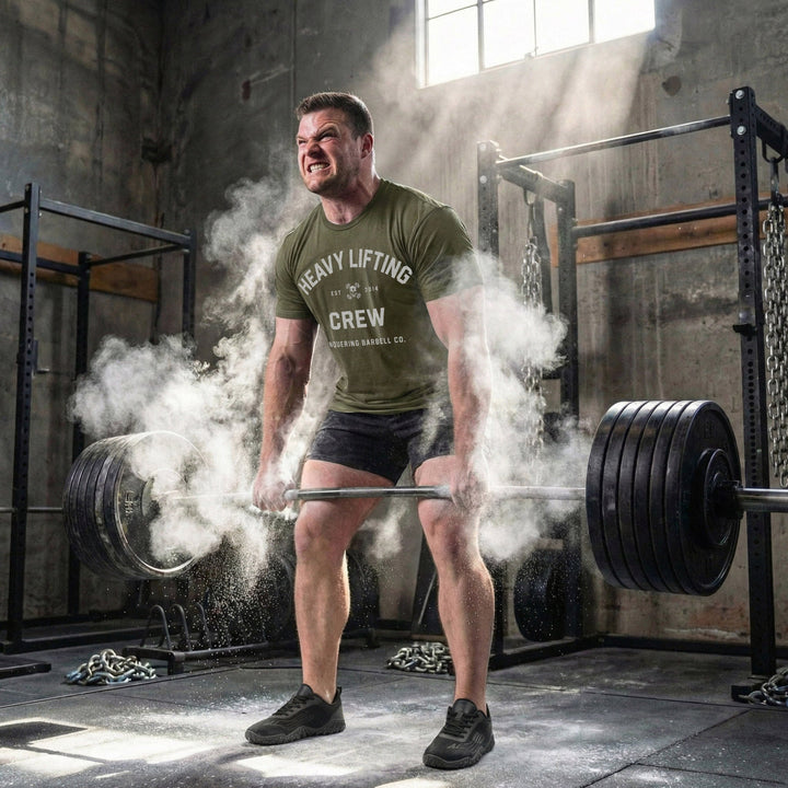 Heavy Lifting Crew tee in Military Green: HEAVY LIFTING arched over a skull and crossbones with EST 2014