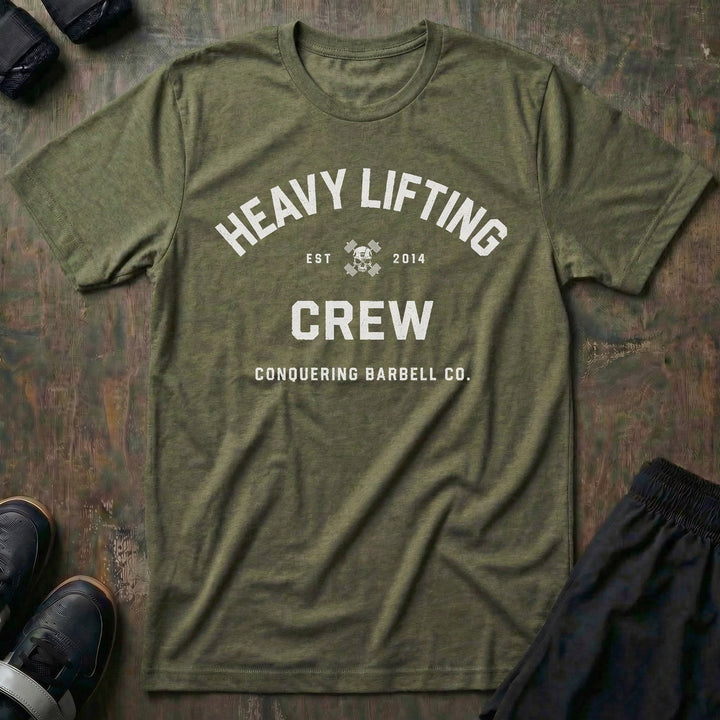 Heavy Lifting Crew tee in Military Green: HEAVY LIFTING arched over a skull and crossbones with EST 2014