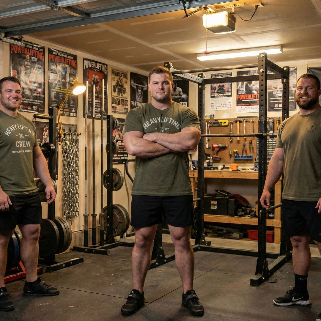 Heavy Lifting Crew tee in Military Green: HEAVY LIFTING arched over a skull and crossbones with EST 2014