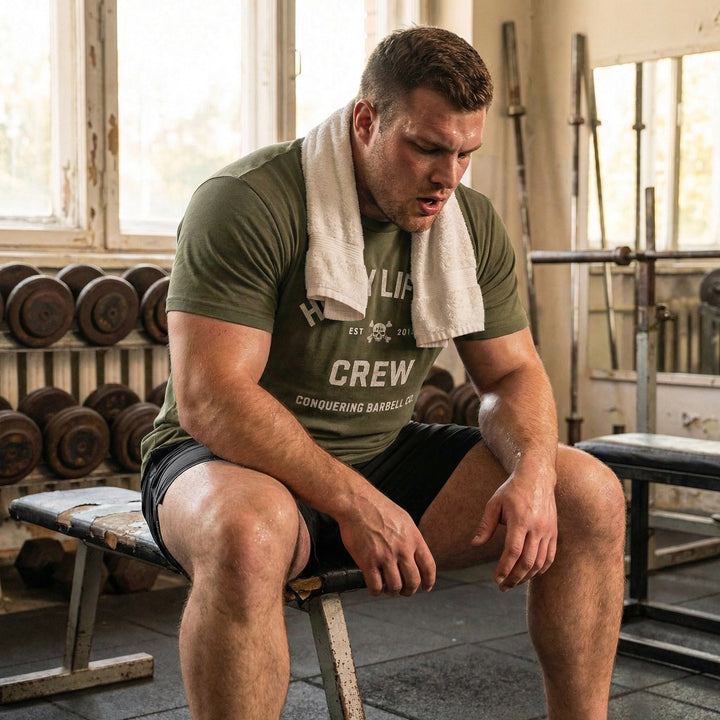 Heavy Lifting Crew tee in Military Green: HEAVY LIFTING arched over a skull and crossbones with EST 2014