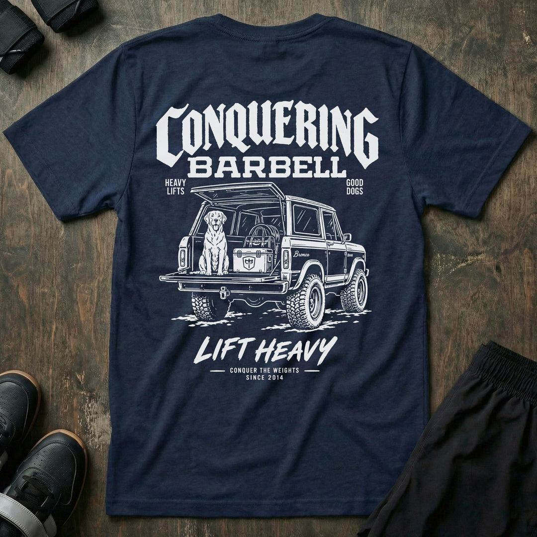 Heavy Lifts, Good Dogs tee in Navy: a classic SUV with the tailgate down and a good lab sitting patiently in the back