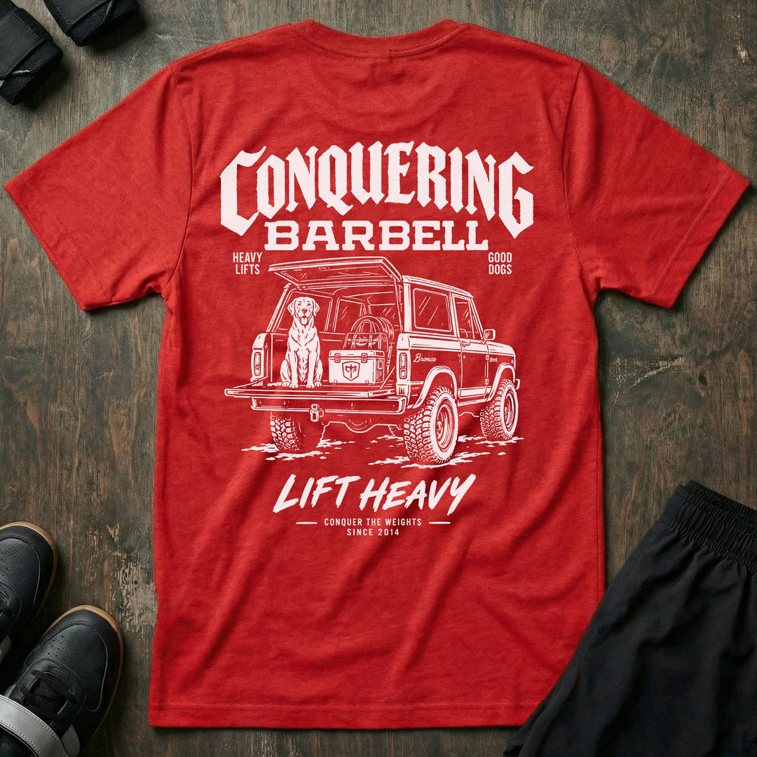 Heavy Lifts, Good Dogs tee in Red: a classic SUV with the tailgate down and a good lab sitting patiently in the back