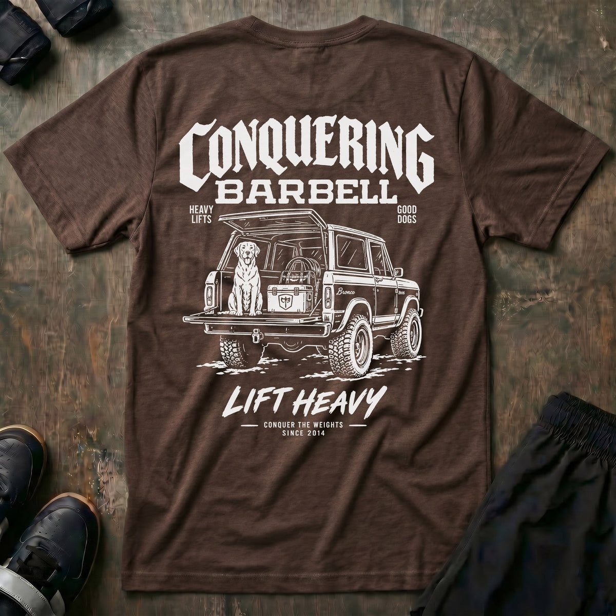 Heavy Lifts, Good Dogs tee in Expresso: a classic SUV with the tailgate down and a good lab sitting patiently