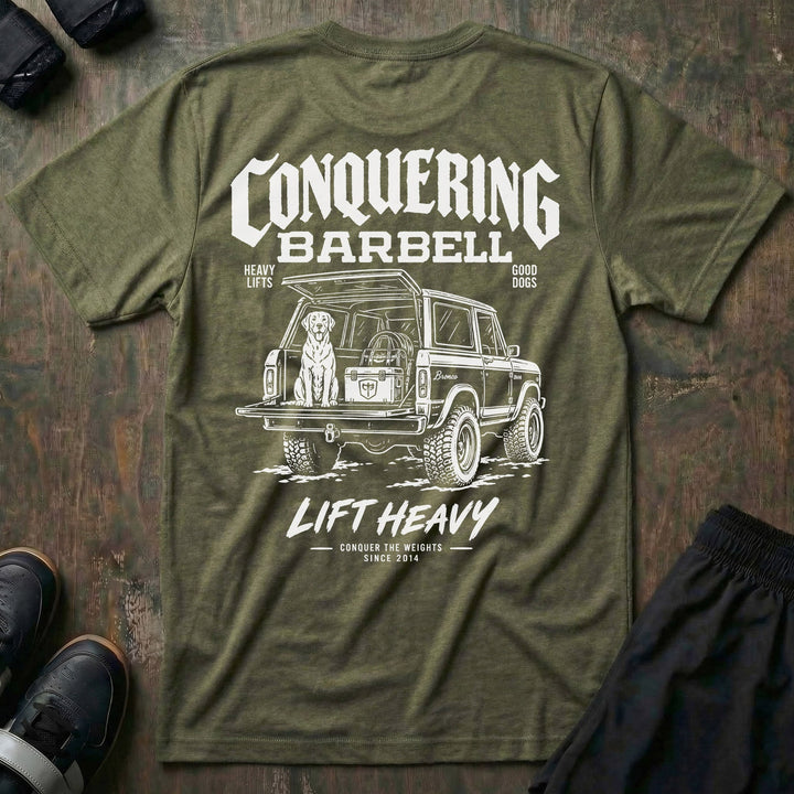 Heavy Lifts, Good Dogs tee in Military: a classic SUV with the tailgate down and a good lab sitting patiently