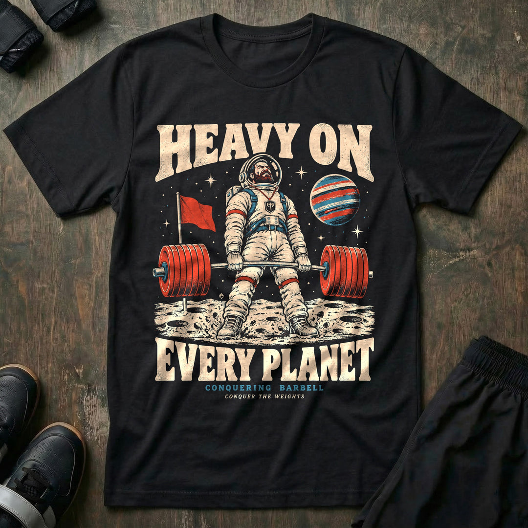 Heavy on Every Planet - Tee front graphic in Black with a bearded astronaut deadlifting a loaded barbell on the moon - Conquering Barbell