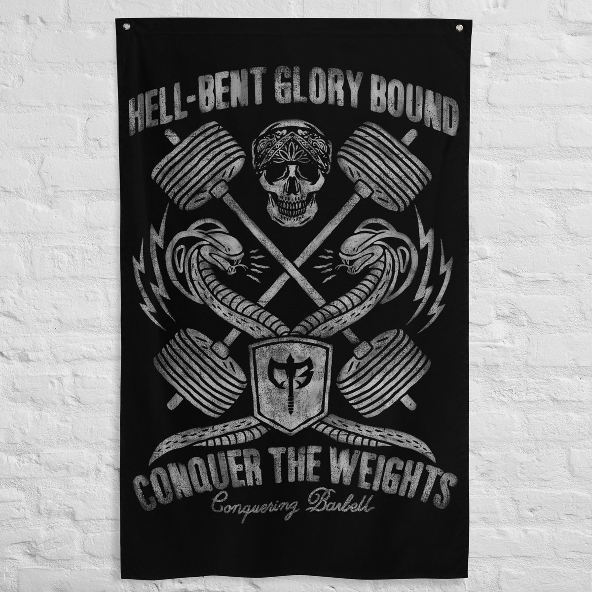 Hell-Bent Glory Bound - Polyester Flag, vertical gym flag hanging in a home gym - Conquering Barbell