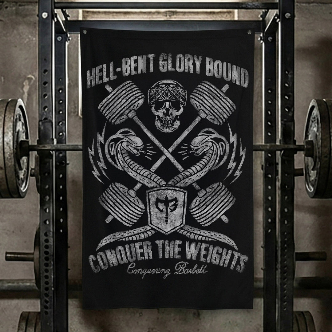 Hell-Bent Glory Bound - Polyester Flag, vertical black gym flag with skull over crossed barbells wrapped in serpents - Conquering Barbell