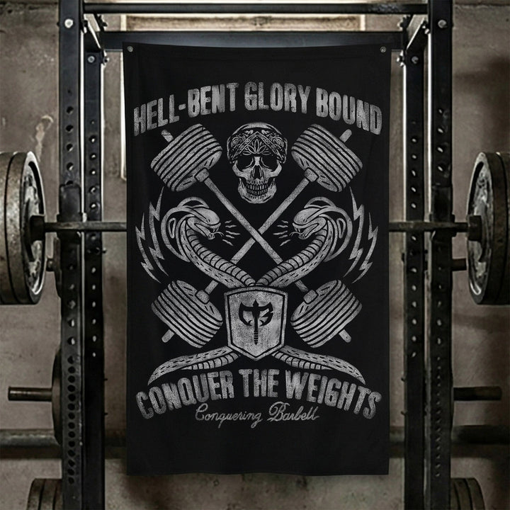 Hell-Bent Glory Bound - Polyester Flag, vertical black gym flag with skull over crossed barbells wrapped in serpents - Conquering Barbell