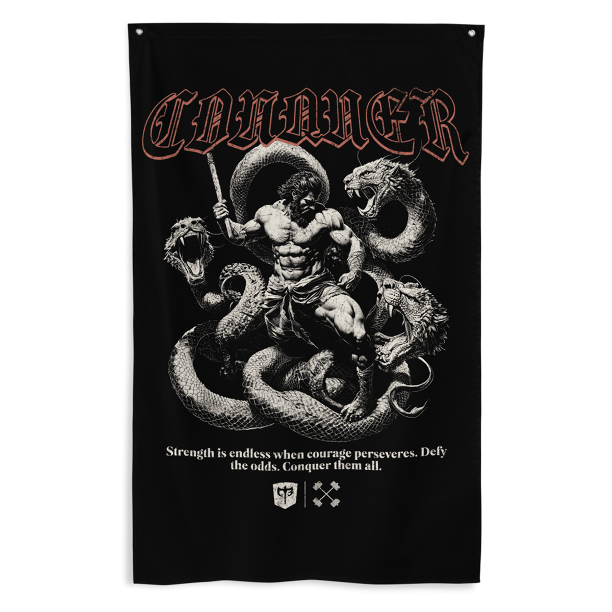 Hercules vs Hydra - Polyester Flag, vertical gym flag hanging in a home gym - Conquering Barbell