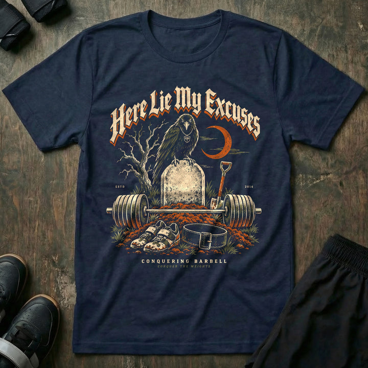 Here Lie My Excuses - Tee front graphic in Navy with a raven on a headstone over a fresh grave with a loaded barbell - Conquering Barbell
