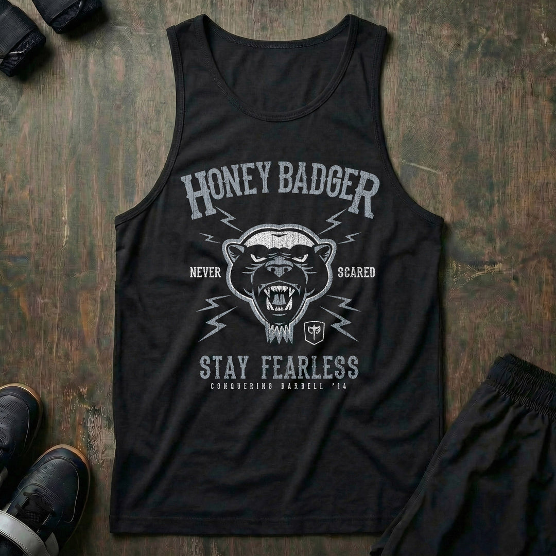 Honey Badger Never Scared - on Black tank top - Conquering Barbell