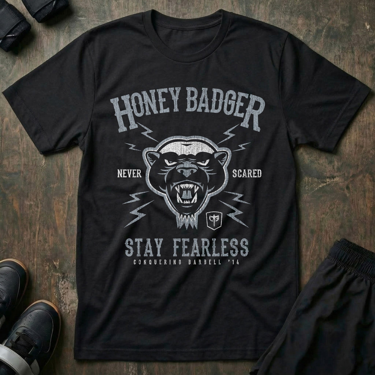 Honey Badger Never Scared tee in Black: a snarling honey badger between lightning bolts
