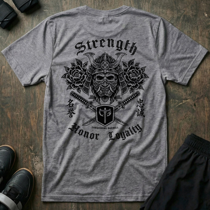 Honor Never Dies tee in Heather Grey: a skull-faced warrior in a full kabuto helmet over crossed katanas and roses