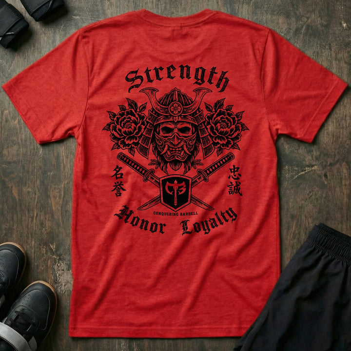 Honor Never Dies tee in Red: a skull-faced warrior in a full kabuto helmet over crossed katanas and roses with the CB shield