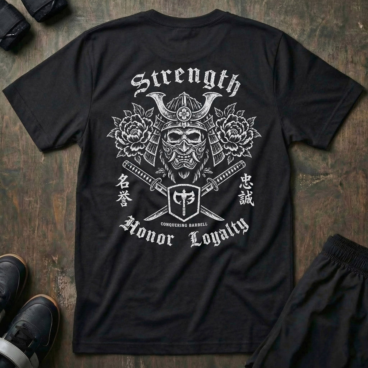 Honor Never Dies tee in Black: a skull-faced warrior in a full kabuto helmet over crossed katanas and roses