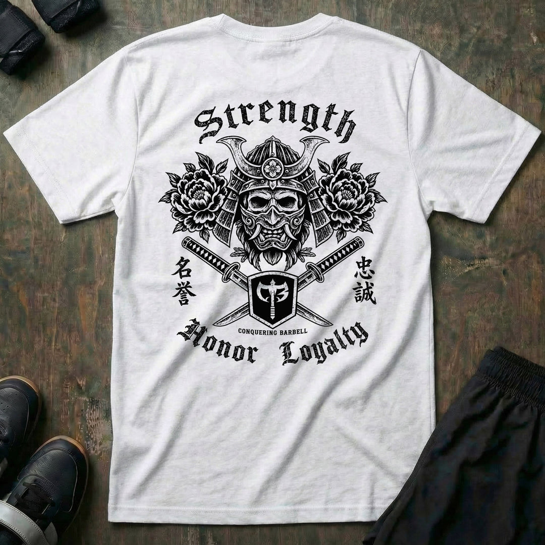 Honor Never Dies tee in White: a skull-faced warrior in a full kabuto helmet over crossed katanas and roses