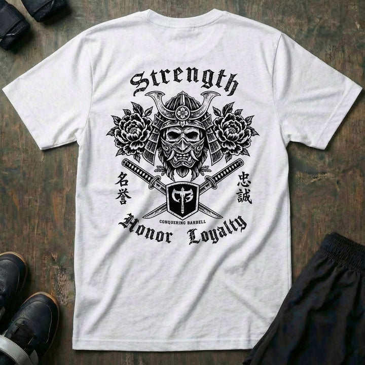 Honor Never Dies tee in White: a skull-faced warrior in a full kabuto helmet over crossed katanas and roses