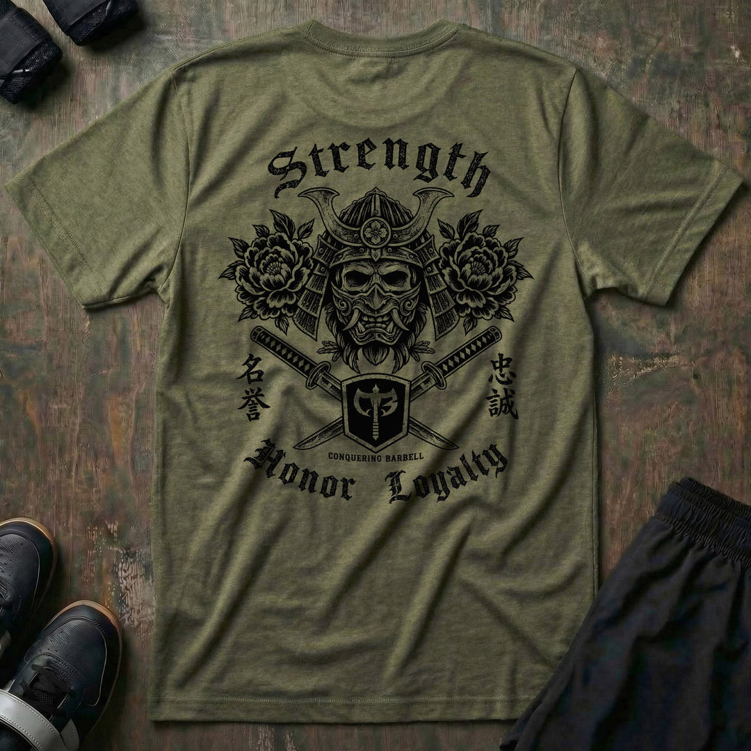 Honor Never Dies tee in Military: a skull-faced warrior in a full kabuto helmet over crossed katanas and roses
