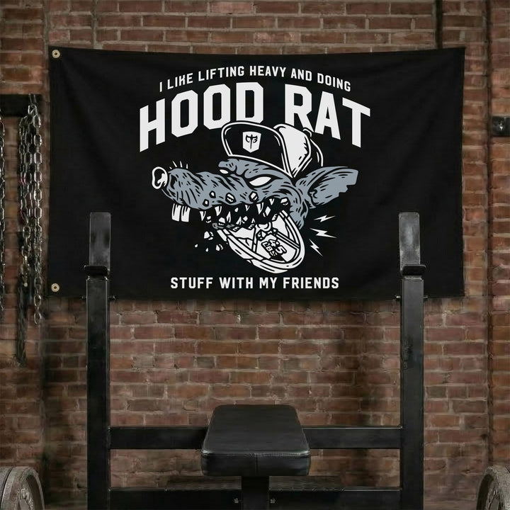 Hood Rat Flag - Polyester Flag, horizontal black gym flag with scrappy rat gripping a barbell - Conquering Barbell