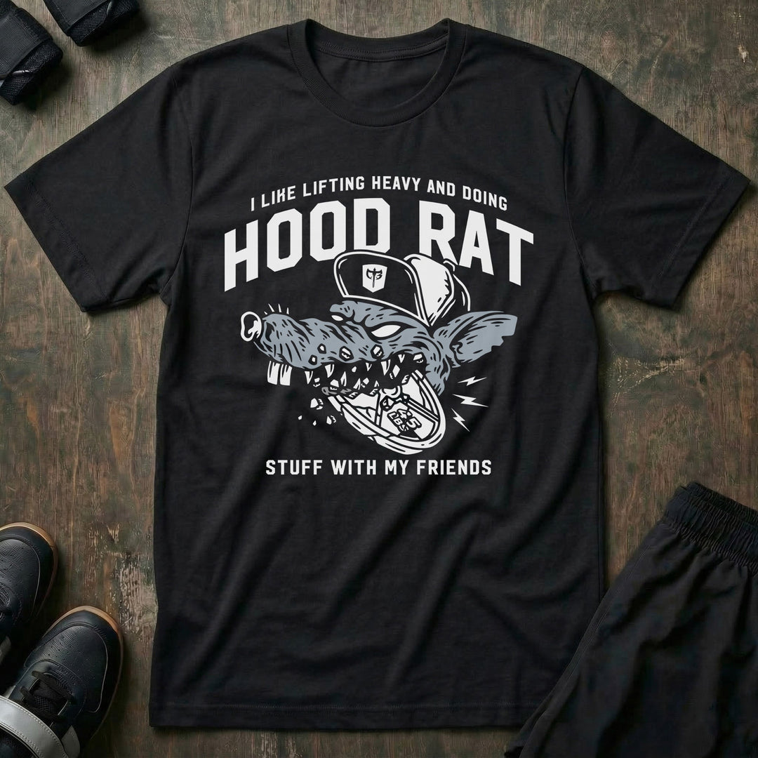 Hood Rat tee in Black: a scrappy rat in a backwards cap gripping a barbell