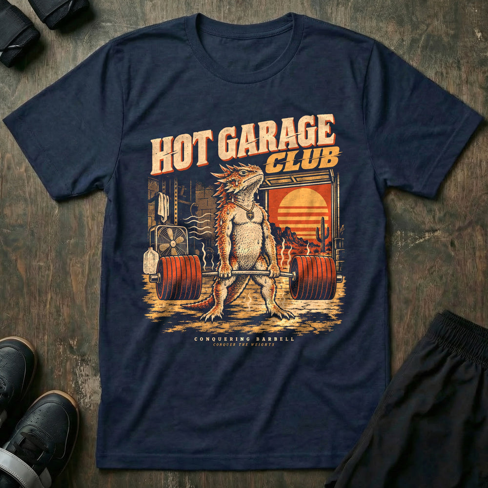 Hot Garage Club - Tee front graphic in Navy with a horned lizard deadlifting in a hot garage gym at sunset - Conquering Barbell