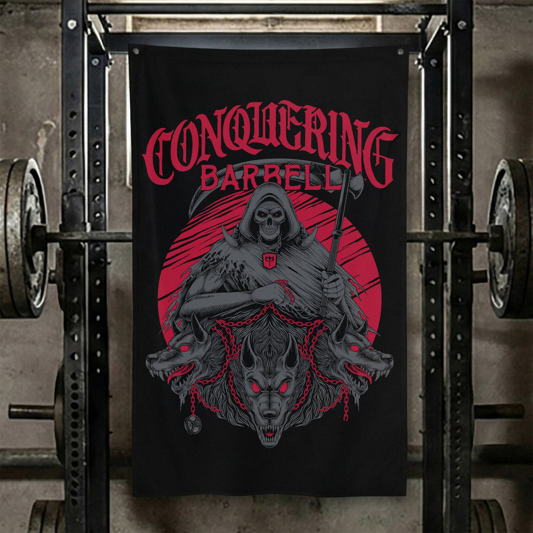 Hunt or Be Hunted - Polyester Flag, vertical black gym flag with hooded hunter seated before a blood red moon - Conquering Barbell