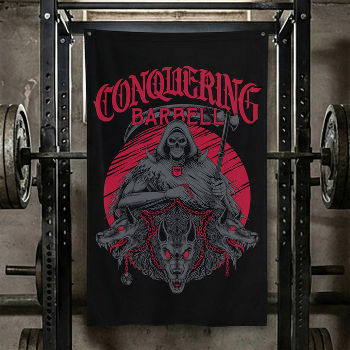 Hunt or Be Hunted - Polyester Flag, vertical black gym flag with hooded hunter seated before a blood red moon - Conquering Barbell