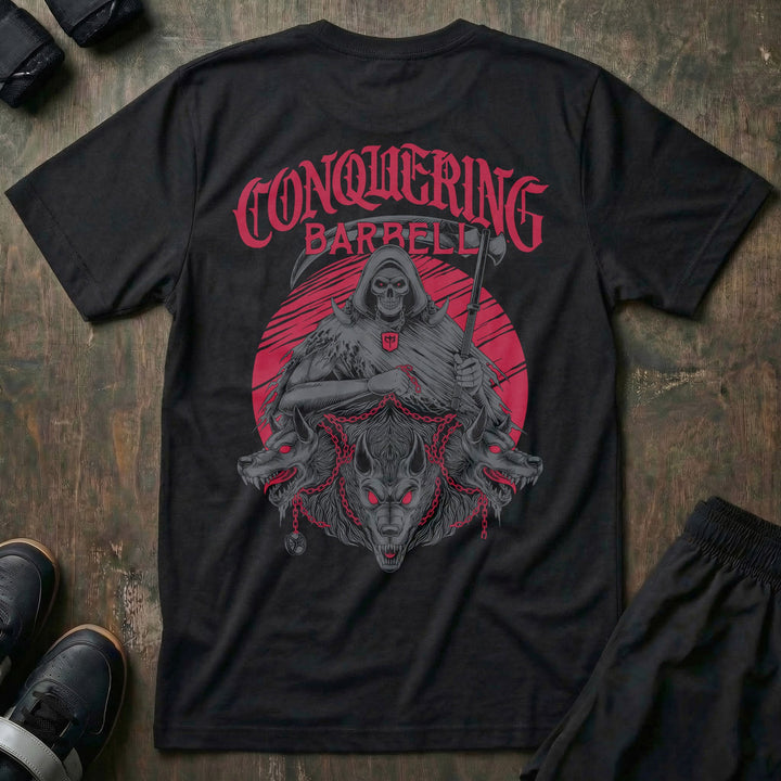 Hunt or Be Hunted tee in Black: a hooded hunter seated before a blood-red moon in red and white