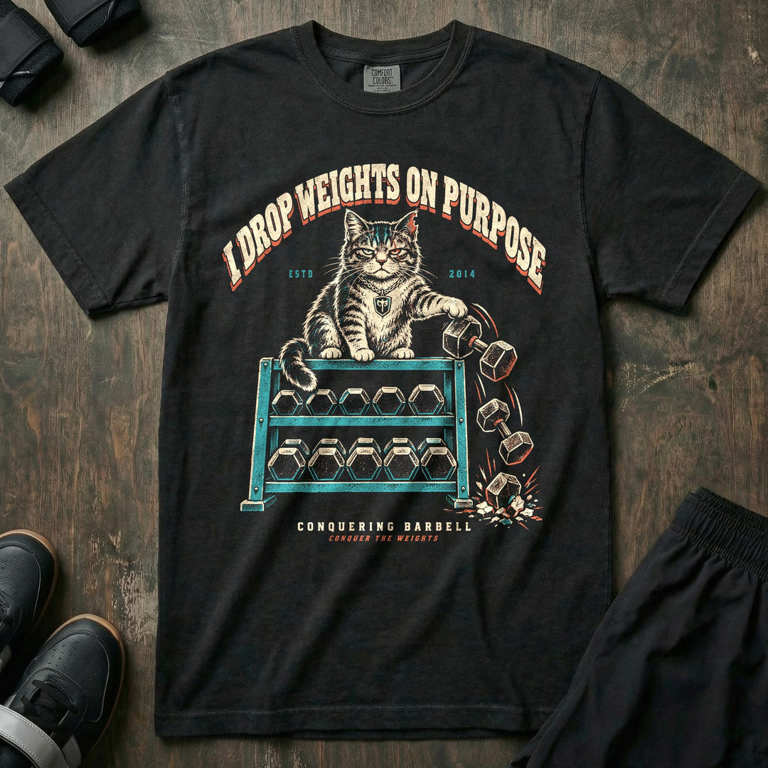 I Drop Weights on Purpose - Relaxed Fit Tee front graphic in Black with a tabby cat pushing dumbbells off a dumbbell rack - Conquering Barbell