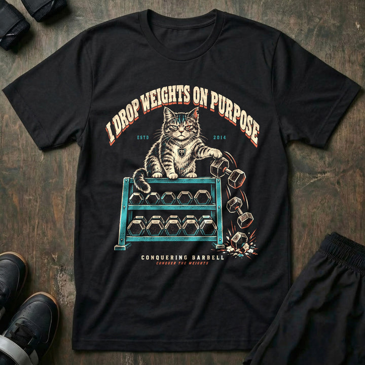 I Drop Weights on Purpose - Tee front graphic in Black with a tabby cat pushing dumbbells off a dumbbell rack - Conquering Barbell