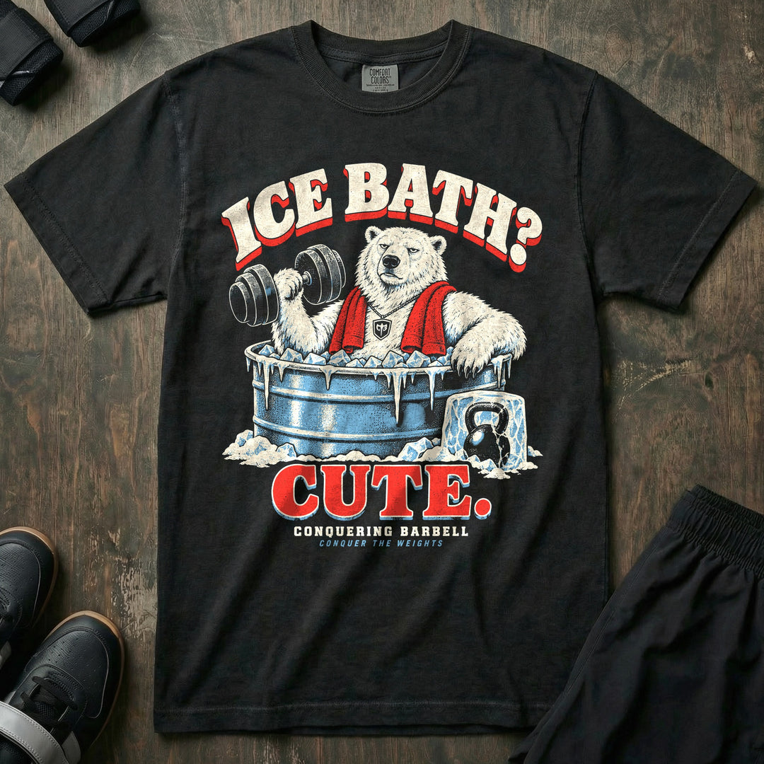 Ice Bath Cute - Relaxed Fit Tee front graphic in Black with a polar bear in an ice-filled stock tank curling a dumbbell - Conquering Barbell