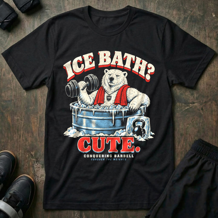 Ice Bath Cute - Tee front graphic in Black with a polar bear in an ice-filled stock tank curling a dumbbell - Conquering Barbell