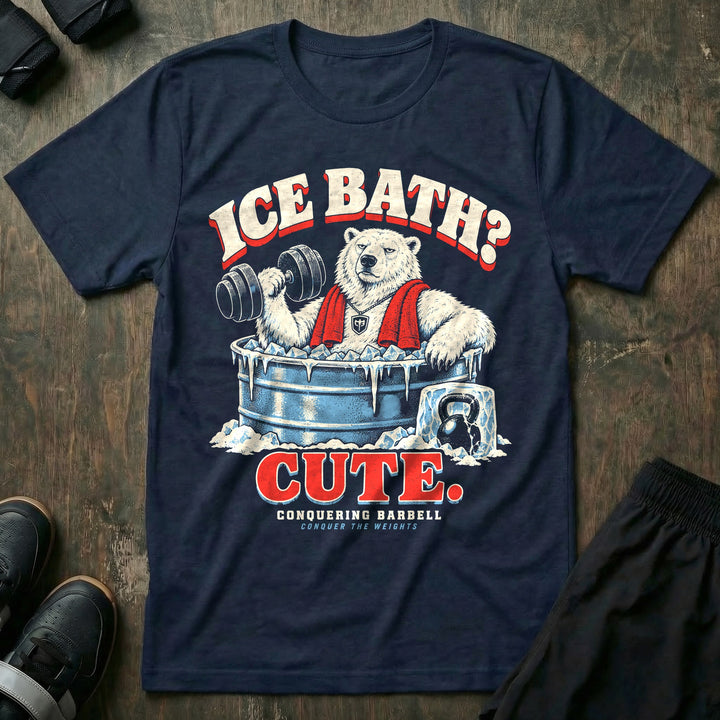 Ice Bath Cute - Tee front graphic in Navy with a polar bear in an ice-filled stock tank curling a dumbbell - Conquering Barbell