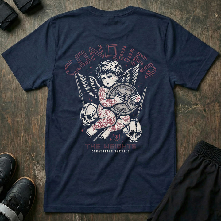 Inked Angel tee in Navy: a heavily tattooed cherub clutching a barbell plate