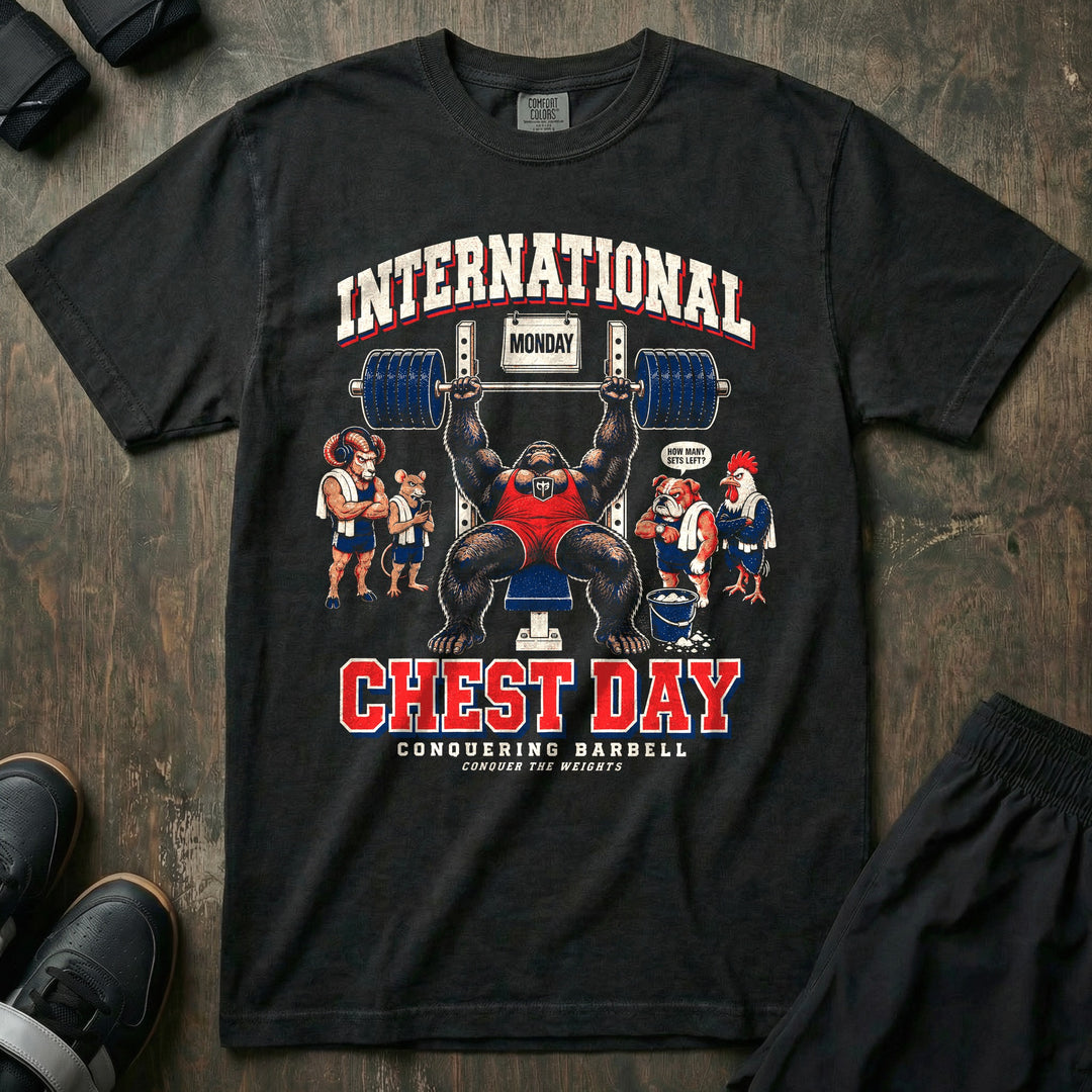 International Chest Day - Relaxed Fit Tee front graphic in Black with a gorilla bench pressing under a Monday calendar while four animals wait in line - Conquering Barbell