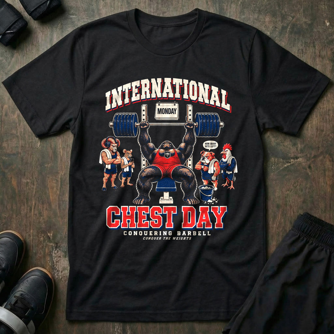International Chest Day - Tee front graphic in Black with a gorilla bench pressing under a Monday calendar while four animals wait in line - Conquering Barbell