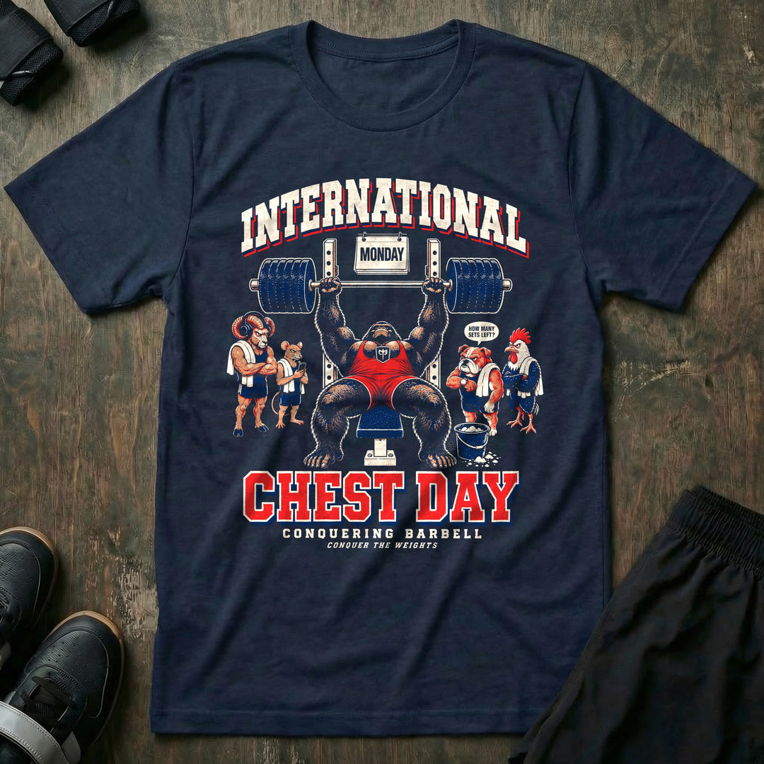 International Chest Day - Tee front graphic in Navy with a gorilla bench pressing under a Monday calendar while four animals wait in line - Conquering Barbell