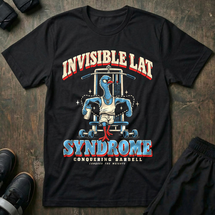 Invisible Lat Syndrome - Tee front graphic in Black with a skinny pigeon strutting with imaginary lats outlined in dashes - Conquering Barbell