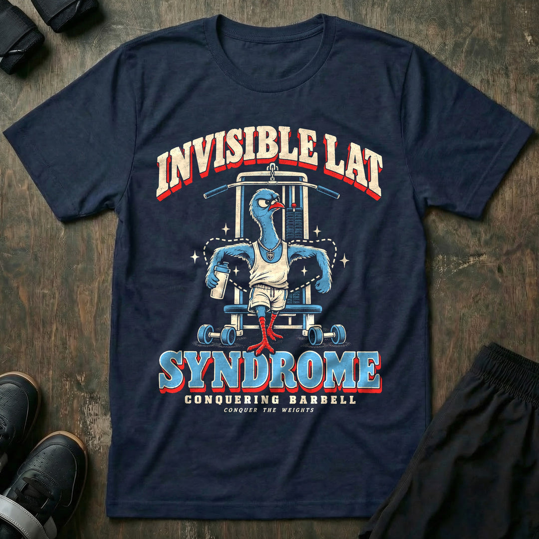Invisible Lat Syndrome - Tee front graphic in Navy with a skinny pigeon strutting with imaginary lats outlined in dashes - Conquering Barbell